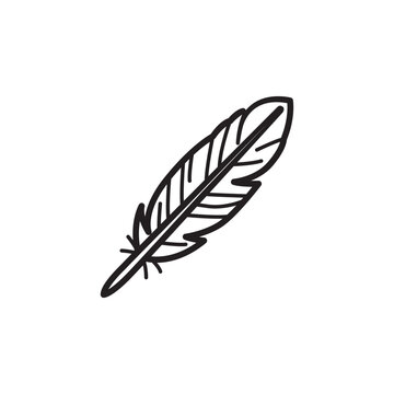 Simple outline icon of a detailed bird feather quill pen for writing spells. 
