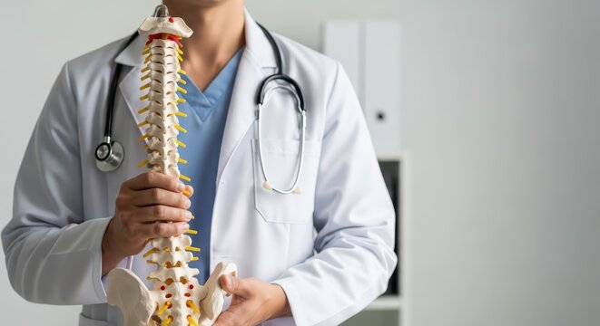 Faceless medical professional holding a human spine model, emphasizing spinal anatomy and healthcare services