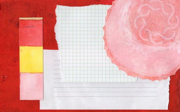 The abstract collage features torn paper and celtic art on red
