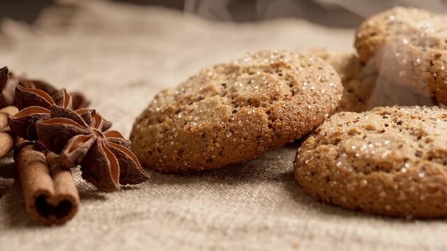 spiced oat cookies with star anise and cinnamon arranged on textured cloth, warm rustic food styling with gentle steam and closeup bakery detail