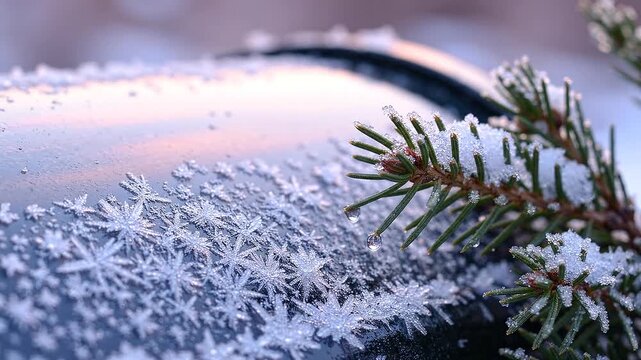 delicate frost crystals covering a parked vehicle beside snow dusted evergreen branches in soft winter light, close up seasonal nature detail and cold weather texture