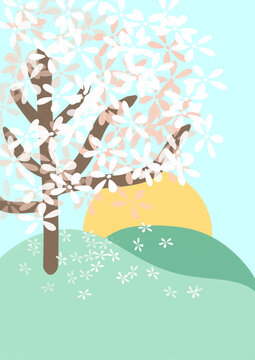 A blooming cherry blossom tree stands on rolling hills at sunrise