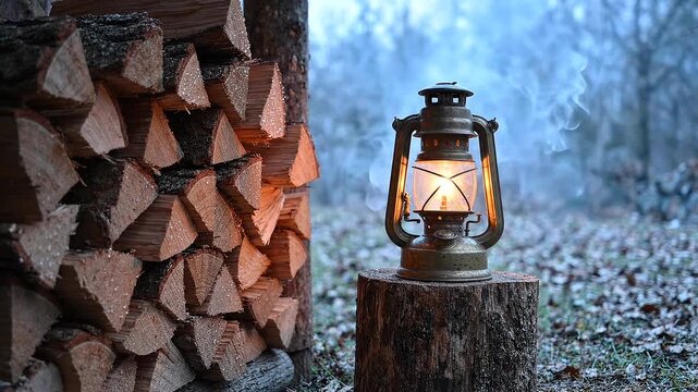 vintage kerosene lantern glowing on tree stump beside stacked firewood in misty woodland, atmospheric rustic outdoor scene with warm light and drifting smoke