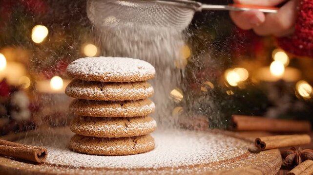 hand dusting stacked spiced cookies with powdered sugar through a sieve against festive lights and cinnamon sticks, close up holiday baking scene on wooden table