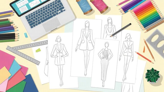 Fashion designer workspace view shows croquis sketches of women's apparel alongside colored pencils and a laptop on the desk.