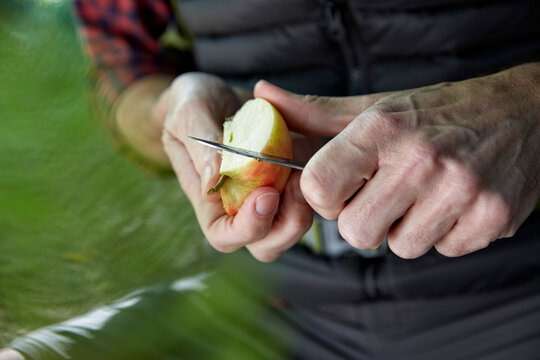 Hiker in forest cutting apple