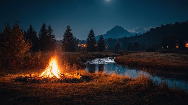 A vibrant campfire illuminates a grassy riverside under a moonlit night sky. This scene evokes feelings of wilderness adventure and peaceful outdoor escape.