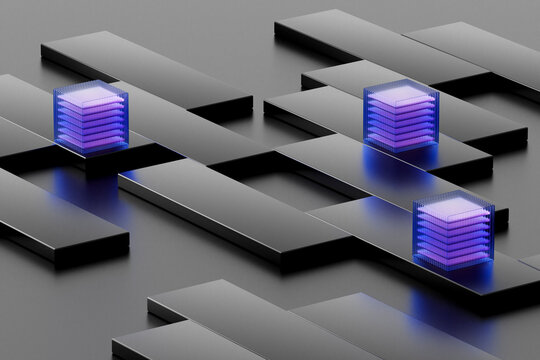 A glowing quantum data cube rests on a black block in a 3d render