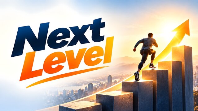 Next Level motivational banner with man climbing steps