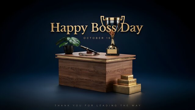 Happy Boss Day Greeting Background, Elegant Executive Desk with Golden Trophy and Corporate Award Concept
