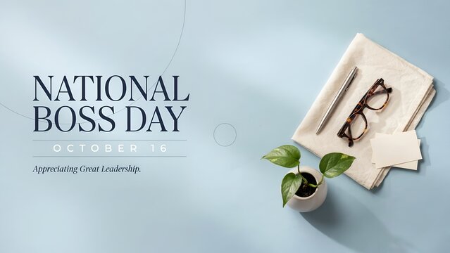 Minimalist National Boss Day background, executive leadership greeting card layout, modern office desk top view