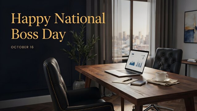 Happy National Boss Day Greeting Card, Elegant Executive Office Workspace background, October 16 Celebration Banner