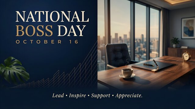 National Boss Day October 16 executive greeting banner, luxury office desk background for boss appreciation day