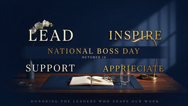 Elegant National Boss Day banner with gold typography, executive wooden desk and orchids, professional leadership appreciation concept