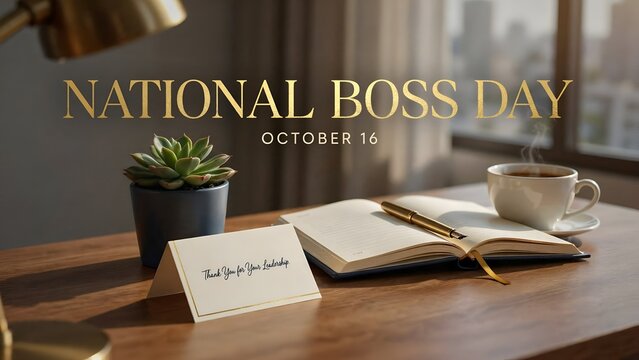 National Boss Day October 16 executive greeting banner, professional office desk background, elegant business boss appreciation concept