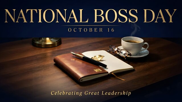 National Boss Day October 16 greeting banner, executive desk with leather notebook, fountain pen and coffee cup for celebrating great leadership