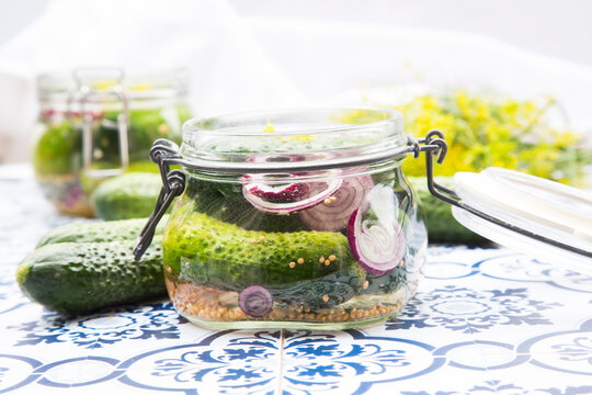 Preserving jar of gherkins and cucumbers