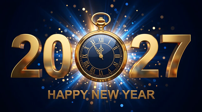Golden 2027 New Year typography featuring a vintage pocket watch countdown on a glowing dark blue background