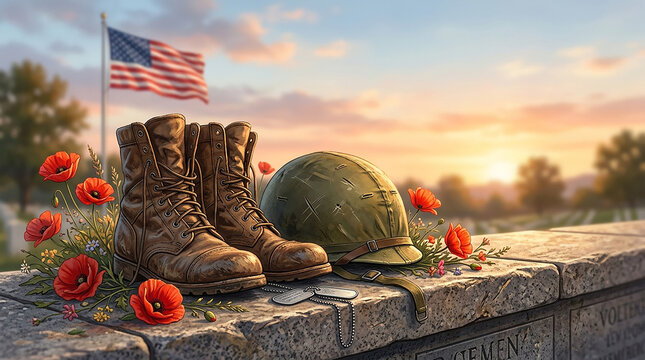 US Military Combat Boots, Helmet, Dog Tags, and Red Poppies on Memorial Wall at Sunset, Veterans Day and Remembrance Concept - Vector Illustration   