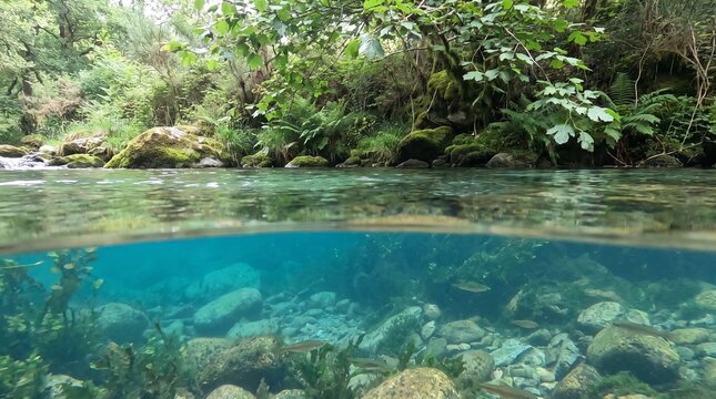 Split-level view of blue river, showing clear underwater scenery below surface and lush green vegetation above