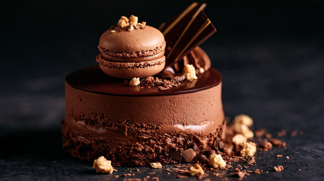 Chocolate mousse cake topped with macaron and chocolate garnish on dark background