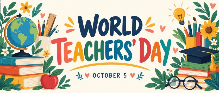 Colorful World Teachers Day October 5 illustration with globe books pencils and graduation cap