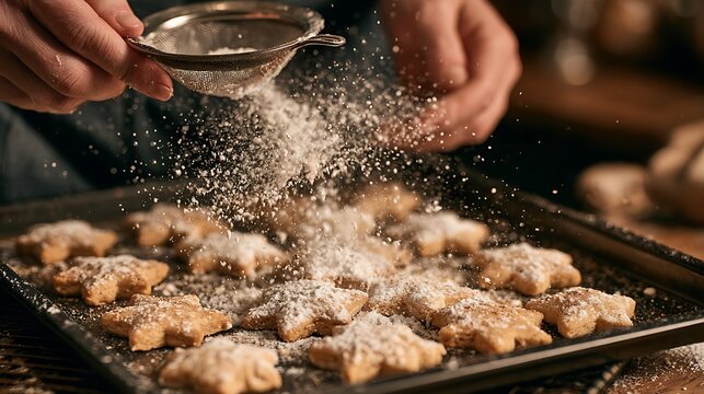 A pair of hands dusting powdered sugar over star shaped christmas cookies on a baking sheet in a cozy kitchen