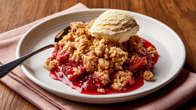 Warm rhubarb crumble with vanilla ice cream on a rustic plate and spoon