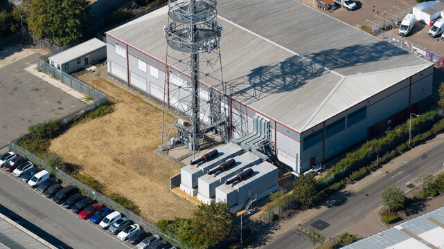 Aerial view shows a datacenter facility with backup generators