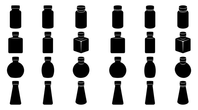 Black vector small bottle silhouettes with screw caps.