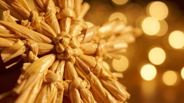 close up of golden straw star ornament with woven knots and radiating bundles against warm glowing bokeh lights, festive seasonal decoration detail