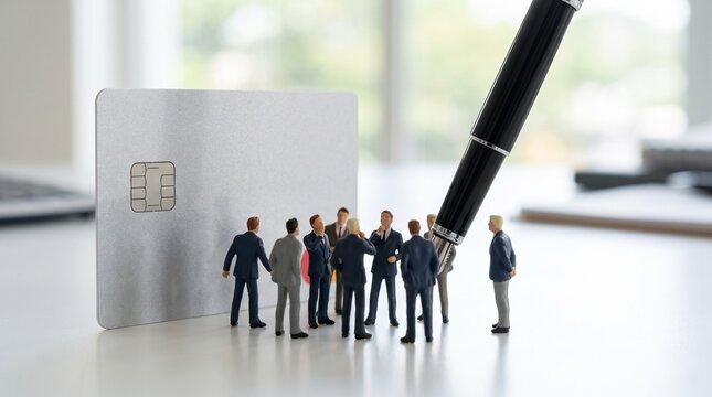 Miniature business people figures standing next to a credit card and pen