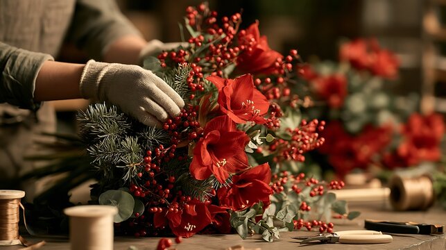 A florist creates a festive christmas bouquet with red amaryllis flowers and evergreen pine branches on a table