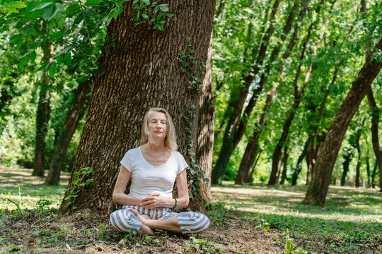 Woman practices meditation under a tree in the forest
