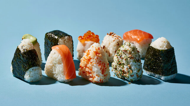Assorted Japanese onigiri and sushi rice balls with salmon, seaweed and roe on blue background