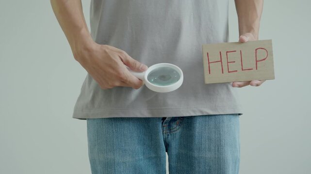 Man uses magnifying glass for size problems, discomfort from disease and inflammation. Venereal, testicular cancer. bladder problems, erectile dysfunction, premature ejaculation, prostate cancer.