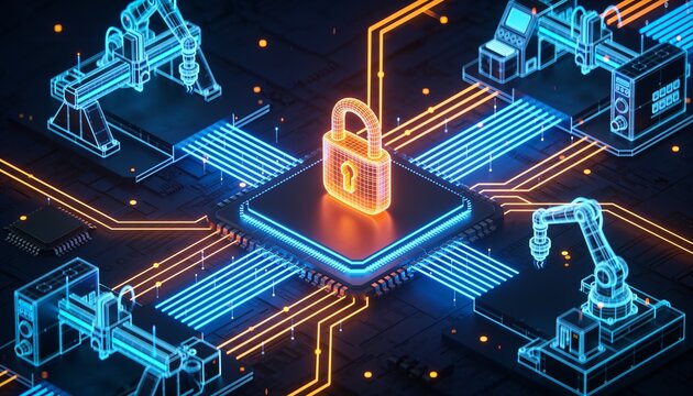 Isometric semiconductor fab with a glowing cyber orange padlock, lithography machines and wafer lines as electric blue holographic wireframes, neon circuit lines, dark navy background, chip manufactur