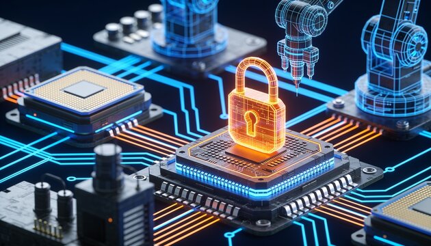 Isometric semiconductor fab with a glowing cyber orange padlock, lithography machines and wafer lines as electric blue holographic wireframes, neon circuit lines, dark navy background, chip manufactur