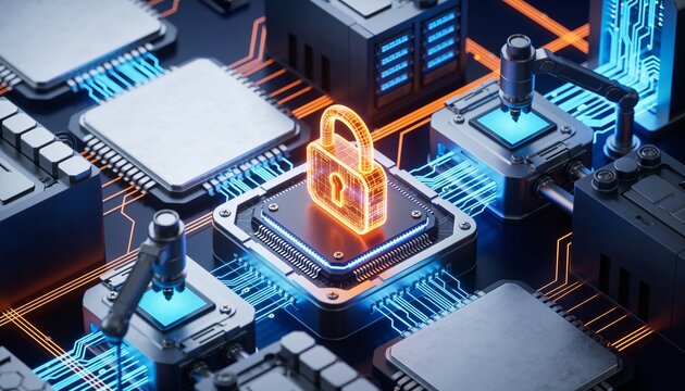Isometric semiconductor fab with a glowing cyber orange padlock, lithography machines and wafer lines as electric blue holographic wireframes, neon circuit lines, dark navy background, chip manufactur