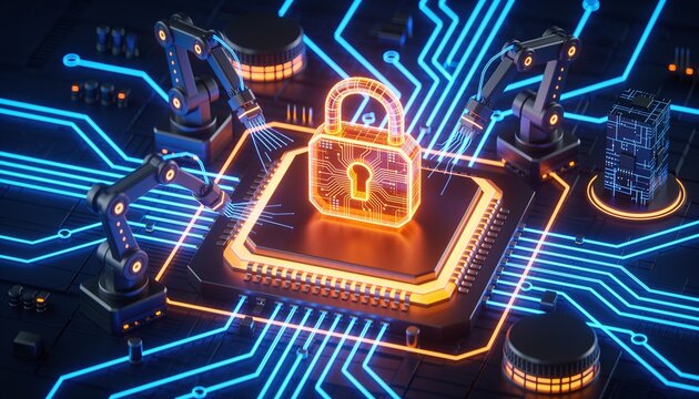 Isometric semiconductor fab with a glowing cyber orange padlock, lithography machines and wafer lines as electric blue holographic wireframes, neon circuit lines, dark navy background, chip manufactur