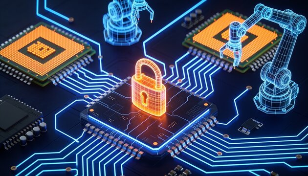 Isometric semiconductor fab with a glowing cyber orange padlock, lithography machines and wafer lines as electric blue holographic wireframes, neon circuit lines, dark navy background, chip manufactur