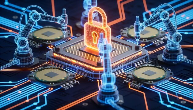 Isometric semiconductor fab with a glowing cyber orange padlock, lithography machines and wafer lines as electric blue holographic wireframes, neon circuit lines, dark navy background, chip manufactur