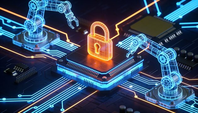Isometric semiconductor fab with a glowing cyber orange padlock, lithography machines and wafer lines as electric blue holographic wireframes, neon circuit lines, dark navy background, chip manufactur