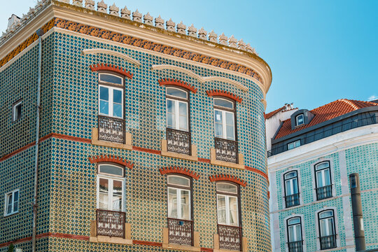Historic tiled building facade at Largo do Intendente in Lisbon