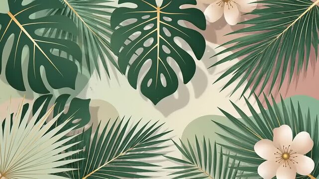 Tropical Leaves and Flowers Motion Background with Soft Pastel Shapes