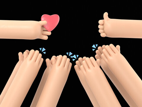 Cartoon Gesture Icon Mockup.Set of people hands clapping, giving likes.Applause, ovation, celebrating, rapture.3D rendering on black Screen for footage and clipping path.