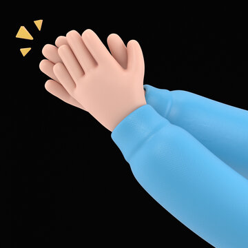 Cartoon Gesture Icon Mockup.Cartoon character hands clapping or applause with loud noise. 3D rendering on black Screen for footage and clipping path.