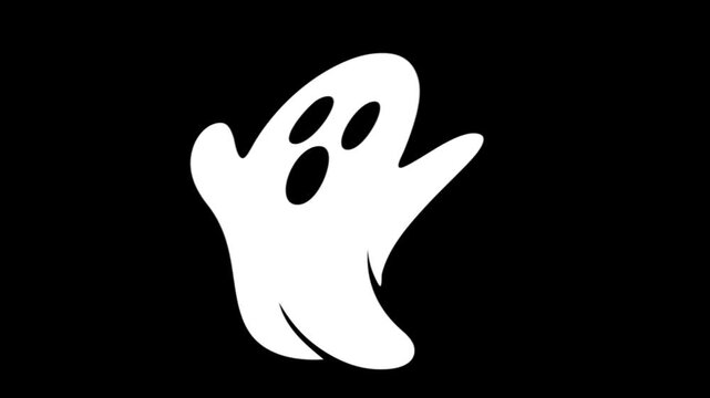 Ghost cartoon Halloween animation. Spooky white ghost character waving on black background.