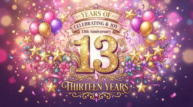 Celebration 13th anniversary golden confetti banner illustration
