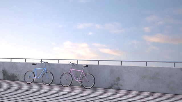 Two bicycles leaning against wall, 3D rendering